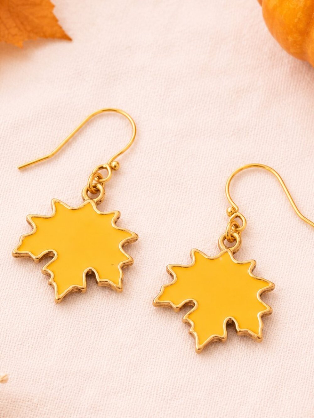 Yellow Enamel Maple Leaf Dangle Earrings Gold Tone Fall Autumn